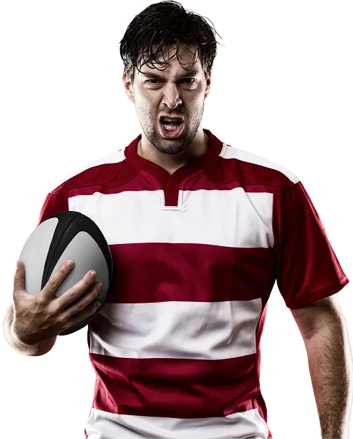 Joueur de rugby en uniforme rouge et blanc tenant un ballon et criant avec intensité, montrant détermination, puissance et esprit de compétition.